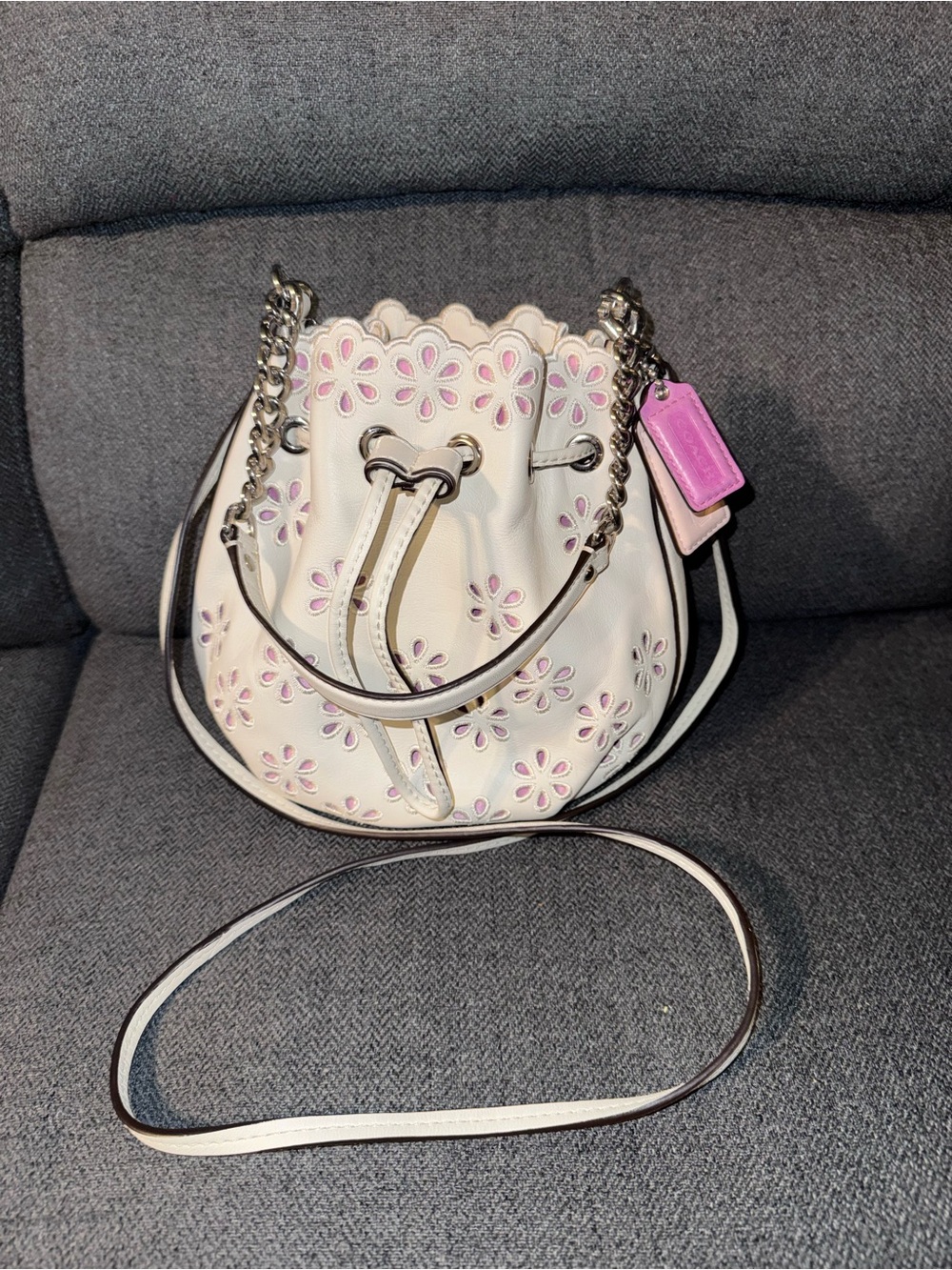 Coach White Floral Cutout Drawstring Bucket Bag with Pink Tag
